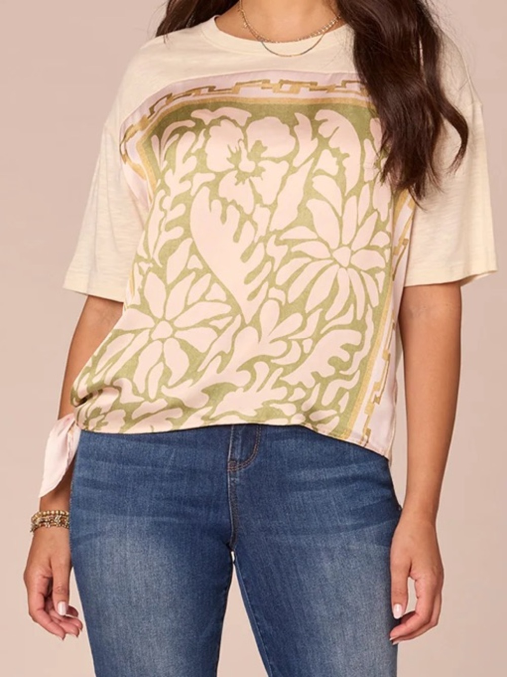 NWT Democracy Elbow Sleeve Scoop Neck Side Tie Placement Print Mixed Media Top S